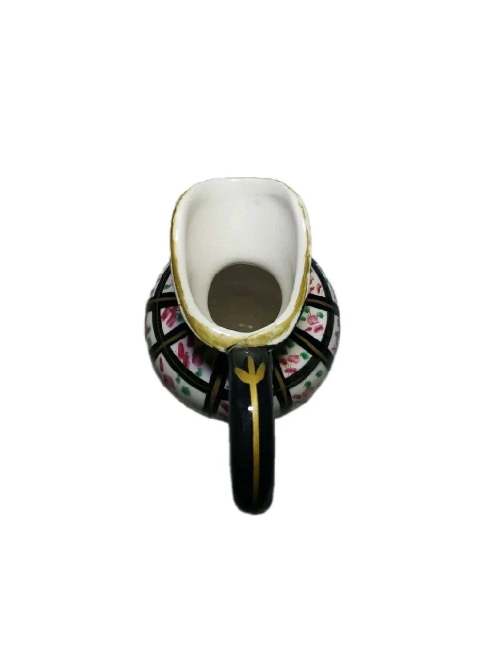 Vtg Handpainted Black Gold Floral Checkered Pitcher Vase